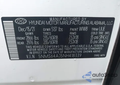 2022 Hyundai Santa Fe Sel z USA, uszkodzony, nr VIN 5NMS64AJ5NH418339